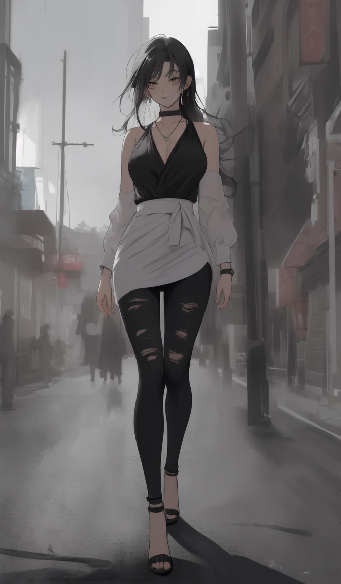 photo realism anime style Yusuke murata art with a big wolf at his side Goddess phoenix girl chunli + Sakura perky breasts with cropped wavy hair v-cut dress v-cut ripped jeans wearing high heels walking on a dark gloomy street scared style photo realism, fully detailed drawing in black and monochrome bench and only the eyes in strong red 
