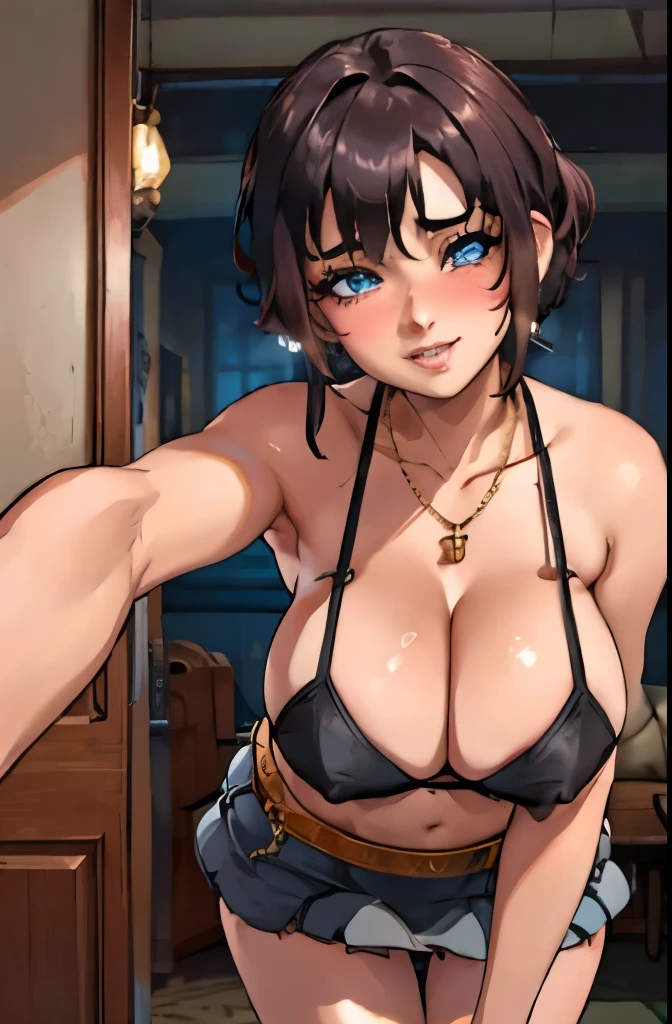 dark hair, crystal blue eyes, open mouth, horny 25 years old, playfully horny, cleavage, low cut tanktop , skirt, standing, coy smile with open parted lips, (blushing:1.3), looking invitingly at the viewer, seductive eyes, facing the viewer, livingroom background, leaning forward in a doorway, (pov), glowing eyes, necklace, earrings, nsfw,