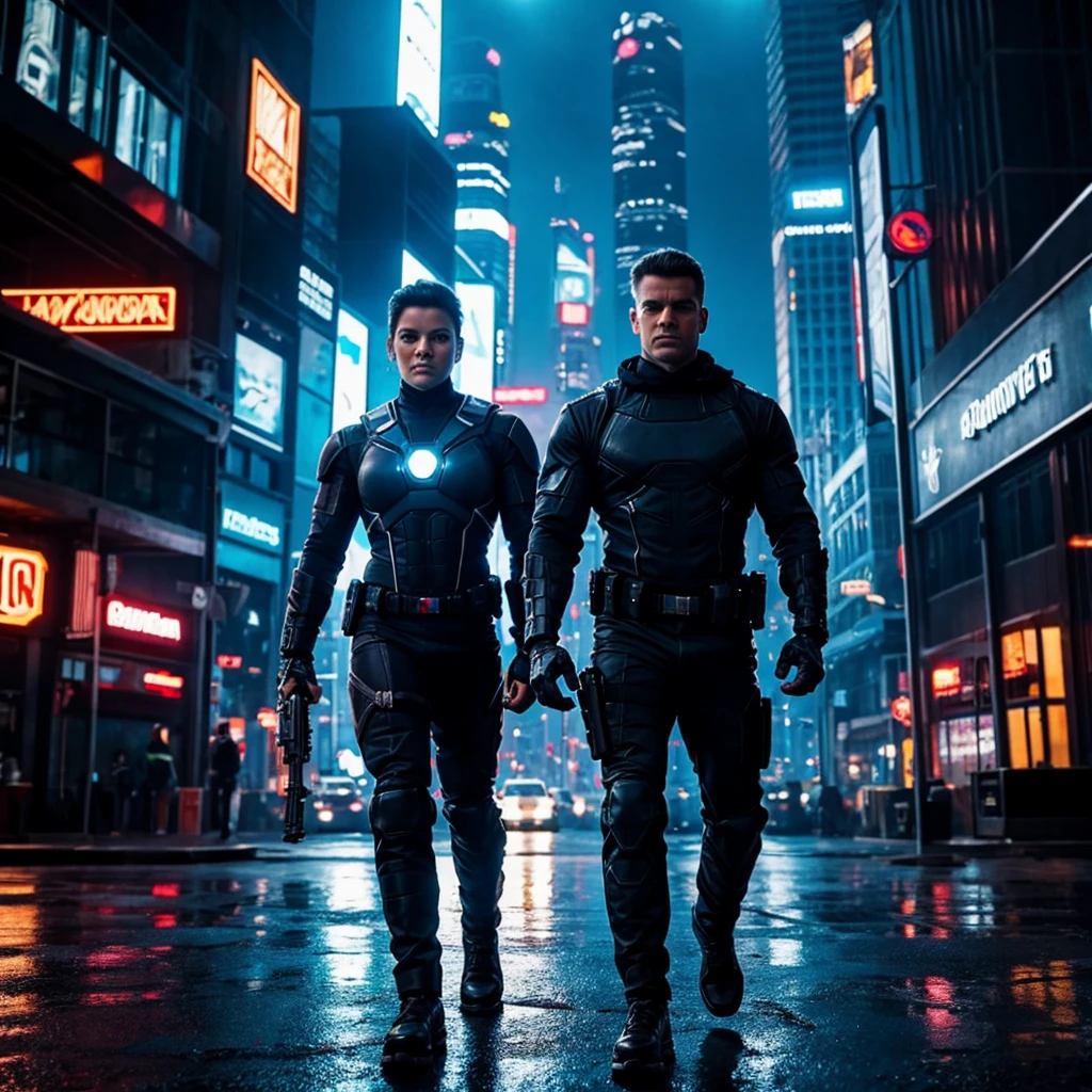 “Create an image of Cable and Domino from Marvel Comics standing back-to-back in a futuristic urban setting. Cable, a muscular man with a cybernetic arm and glowing eye, wears a tactical armor suit and carries a massive futuristic gun. Domino, a skilled marksman with a distinctive black and white costume, stands poised with her trademark luck-manipulating abilities, holding a pair of handguns. Show them surrounded by futuristic skyscrapers with neon lights reflecting off rain-soaked streets, evoking a gritty and dynamic atmosphere.”