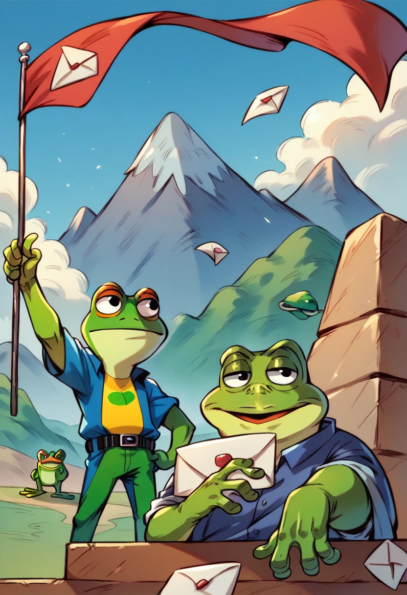 A mountain, (((pepe_frog))), a flag of Monad, purple pepe frog, hero, letter M on its clothes, 1 boy 