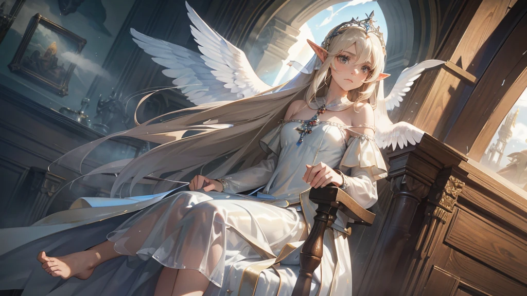 masterpiece, ultra detailed, 8K Portrait, Raw photo, a portrait photo of girl, Highly detailed face, beautiful and meticulous eyes, ((Fantasy)), (elf:1.0), 1woman, 40 year old, gray long hair, brown eyes, (melancholy expression:1.2), tiara, skinny, (ultra thin see-through dark blue silk dress), hooded long white coat Fluttering in the wind, ((bare foots)), Midday Sun, Hyper realistic, out of medieval white castle in the sky, sitting on the throne, Ambient lighting, Shadow details , strong breeze, Light fog, (divine:1.5),