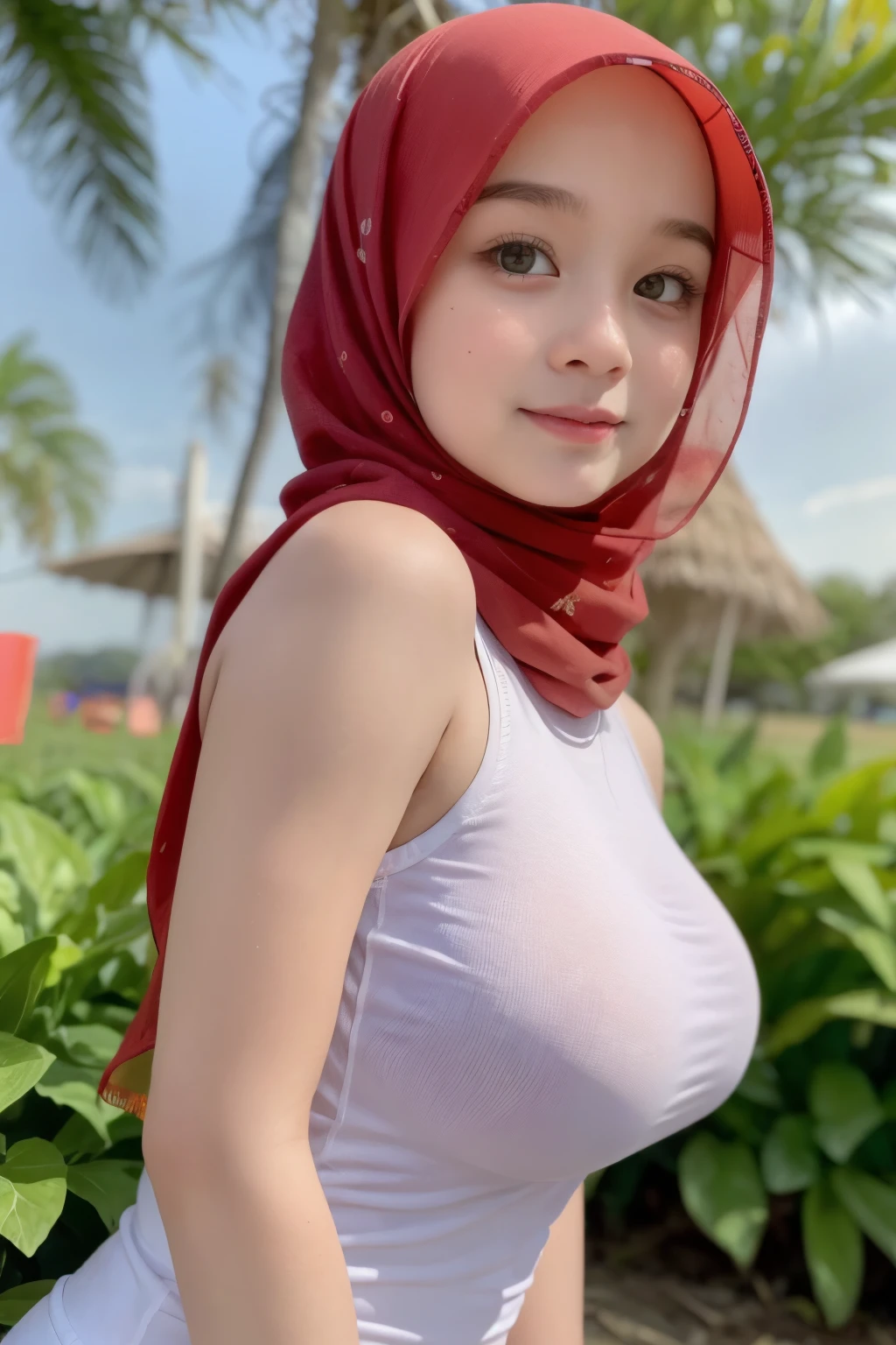 Jumbo (Singlet), Chubby adorable, 1 girl, (face to face), 10 years old, baby face, happy, half body portrait, (face details: 1), (eye details: 1), ((big breasts)). wearing transparent transparency soft long shirt, hijab, .. Cute posed. proportional body. Ultra High Res. realistic: 1.4, UHD, (floral pattern), view from side seductive pose 