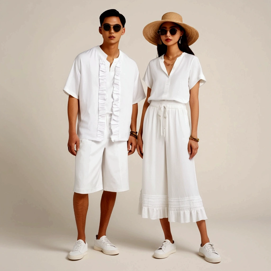 candid fashion illustration of young Asian man and woman, both aged 20 year old, ((showcase fashion in a White cotton-rayon outfits)), inspired by JACQUARD 's resort collection in elegant bohemian style. The man wears an oversized short-sleeved bowling white shirt, paired with relaxed-fit white Men Sports Wide Leg Shorts Summer Baggy Drawstring Short He completes his look with sneakers, wooden-framed sunglasses, and a woven bracelet. The woman complements him in a white rayon dress with Drawstring and ruffle ruffle skirt details, Her ensemble includes an accessorizes with a wide-brimmed straw hat, white sneakers and necklace. Captured in a ((full-body pose)), ((paper material background)), realistic charcoal lines, imperfect drawing, charcoal lines, fading sketch, fashion look book, sketch design,
