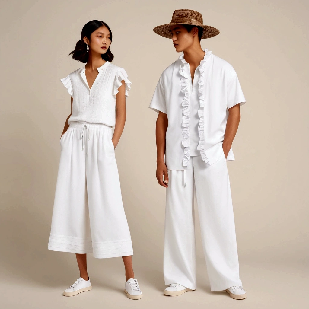 candid fashion illustration of young Asian man and woman, both aged 20 year old, ((showcase fashion in a White cotton-rayon outfits)), inspired by JACQUARD 's resort collection in elegant bohemian style. The man wears an oversized short-sleeved bowling white shirt, paired with relaxed-fit white Men Sports Wide Leg Shorts Summer Baggy Drawstring Short He completes his look with sneakers, wooden-framed sunglasses, and a woven bracelet. The woman complements him in a white rayon dress with Drawstring and ruffle ruffle skirt details, Her ensemble includes an accessorizes with a wide-brimmed straw hat, white sneakers and necklace. Captured in a ((full-body pose)), ((paper material background)), realistic charcoal lines, imperfect drawing, charcoal lines, fading sketch, fashion look book, sketch design,