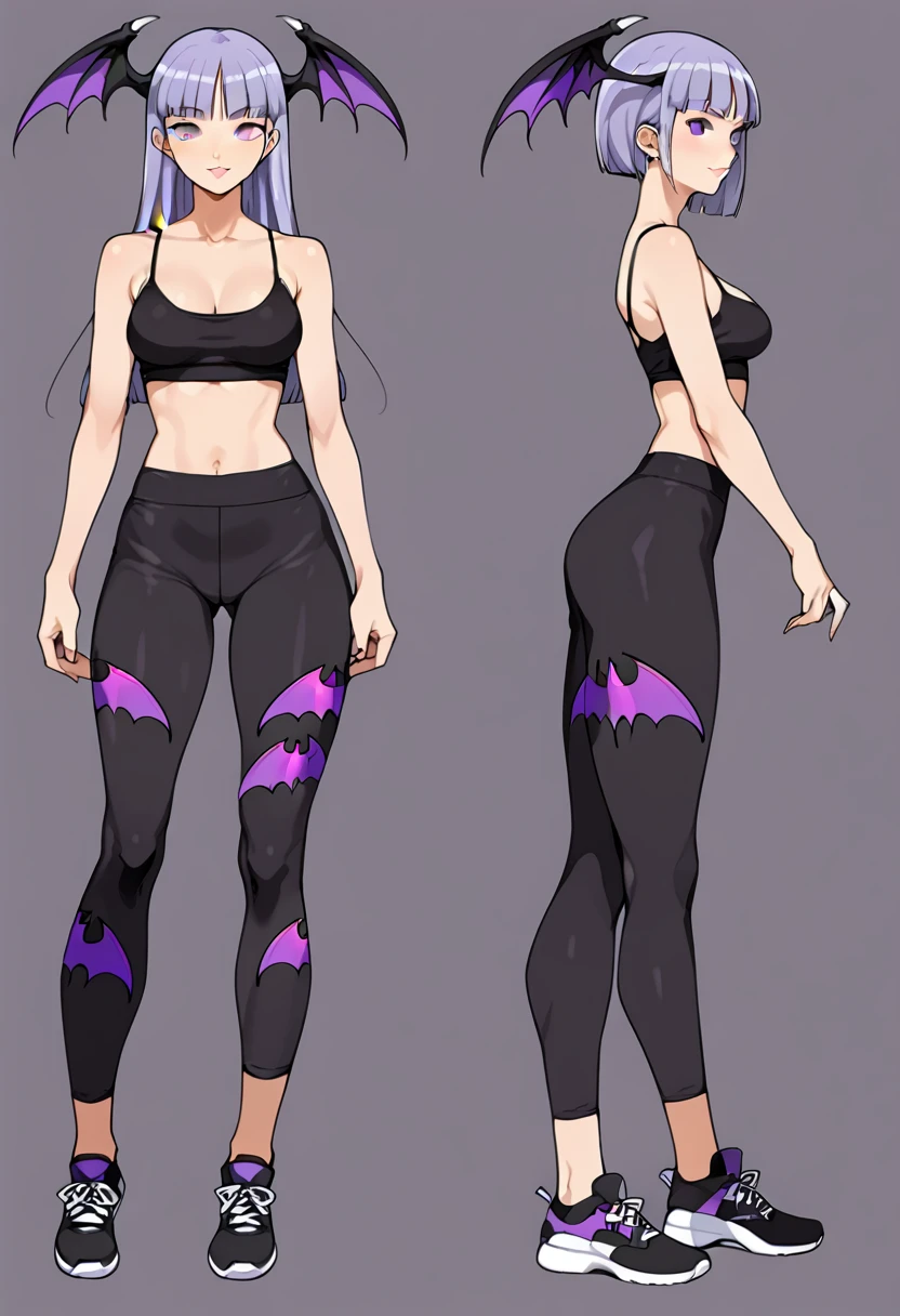 score_9, score_8_up, score_7_up, score_6_up, score_5_up, source_anime, reference sheet, (full body, from side, ((naked)) front:1.1), upper body, cartoon, slim body, Slender legs, slim hourglass figure body type, average breasts size, bare head, puple_hair, purple_eyes, Morrigan_Aensland, black sports bra, black yoga pants, seductive smile, looking at viewer