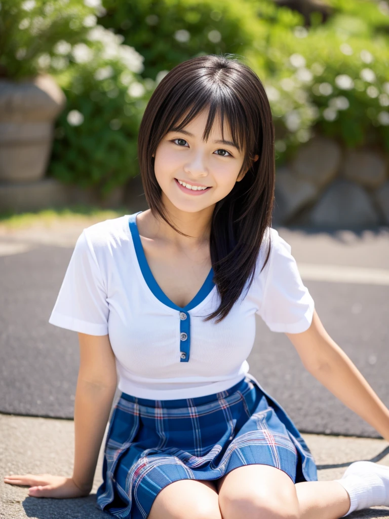 8K,masterpiece,Japanese,14-year-old girl,from the front,smile,cute,Innocent face,Innocent,Kind eyes,Childish,Plain T-shirt,Short sleeve,Blue checked short skirt,semi-long,Hair blowing in the wind,Black Hair,Somewhat strong wind,noon,bright,Sitting、M-shaped feet, (Large Breasts:1.2),(Emphasize the chest:1.2)