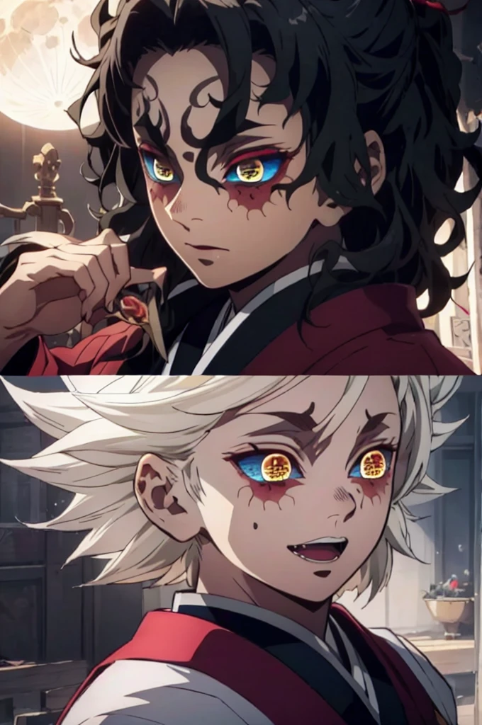 Realistic, (masterpiece, top quality, best quality, official art), very detailed, most detailed, long golden hair, (glowing blue eyes), white skin tone, like a vampire, mysterious, (magic), sexy man, demon, blood, oni, Kimetsu no Yaiba, eyes with upper moon number, anime Demon Slayer, japonese, red kimono, evil expression, blood power