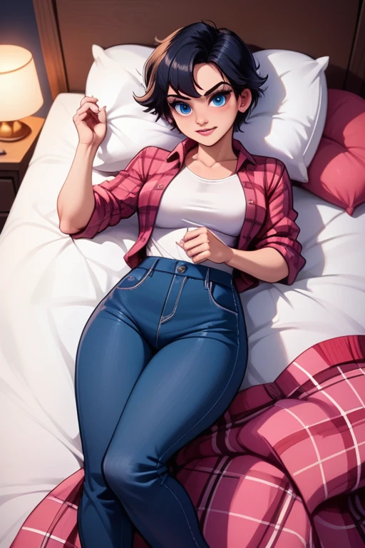 tall caucasian woman; 23 years old; short black hair; blue eyes; pale Caucasian skin; hourglass shape; very large breasts; Disney-style, CGI; best quality; high definition; trending on artstation; complex volumetric lighting; Laying on a bed at night, low incandescent lighting; shadows; tight pink flannel pyjama top and pink flannel pyjama pants; tomboy; being fucked in the bedroom; orgasm expression; cumming hard; blushing a lot