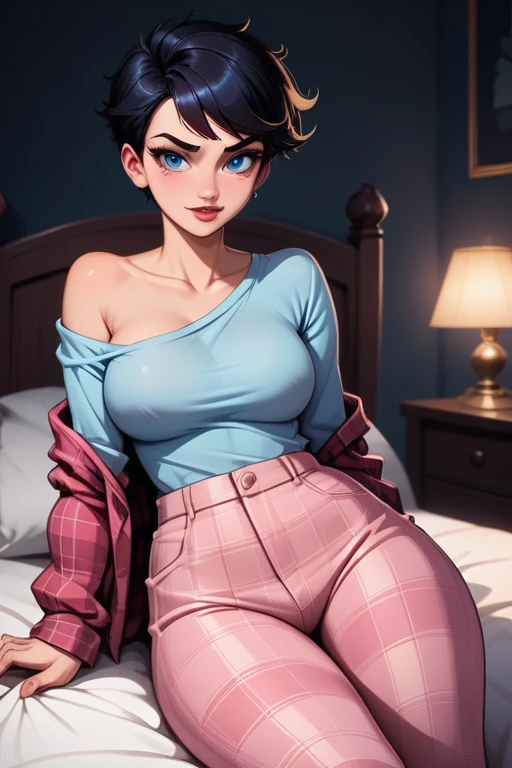 tall caucasian woman; 23 years old; short black hair; blue eyes; pale Caucasian skin; hourglass shape; very large breasts; Disney-style, CGI; best quality; high definition; trending on artstation; complex volumetric lighting; Laying on a bed at night, low incandescent lighting; shadows; tight pink flannel pyjama top and pink flannel pyjama pants; tomboy