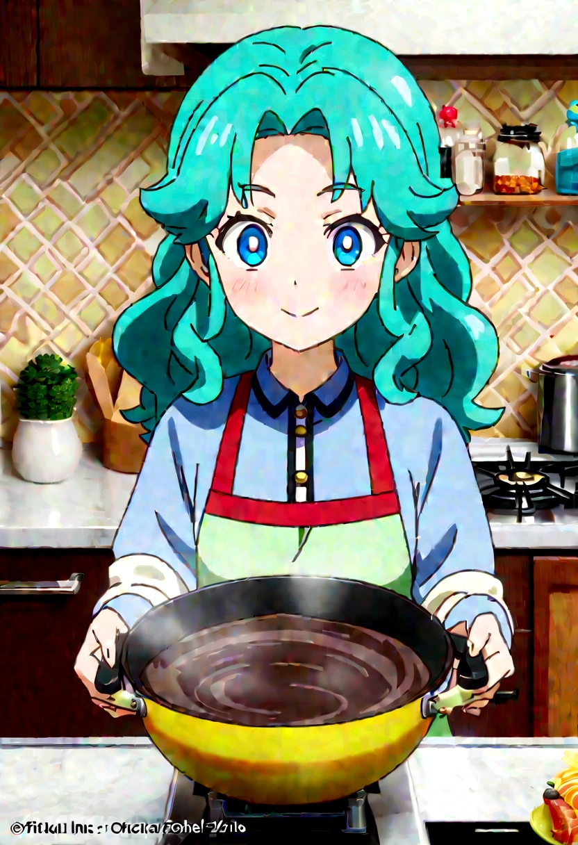 score_9, best quality, masterpiece, uncensored, source_anime
BREAK
1girl, solo, standing, mallow_\(pokemon\), pokemon, 1girl, green_hair, green_eyes, apron, kitchen, from behind, looking back