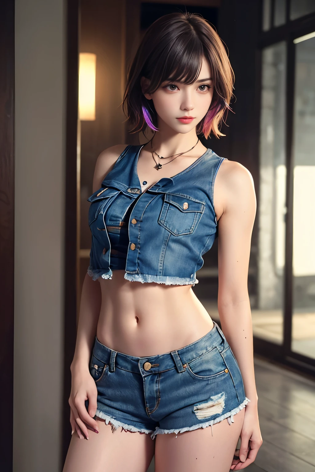 ((medium chest, tomboyish girls, sexy)), daylight, sunshine, (chiselled abdomen: 1.1), (perfect body: 1.1), (short wavy hair: 1.2), red hair, full body photo, busy street, wearing white lace top, denim jacket, ((shredded mini skirt)), (extremely detailed CG 8k wallpaper), (an extremely delicate and beautiful wallpaper), (masterpiece), (best quality:  1.0), (high resolution: 1.0), beautiful lighting, perfect lighting, realistic shadows, [highres], detailed skin, ultra-detailed