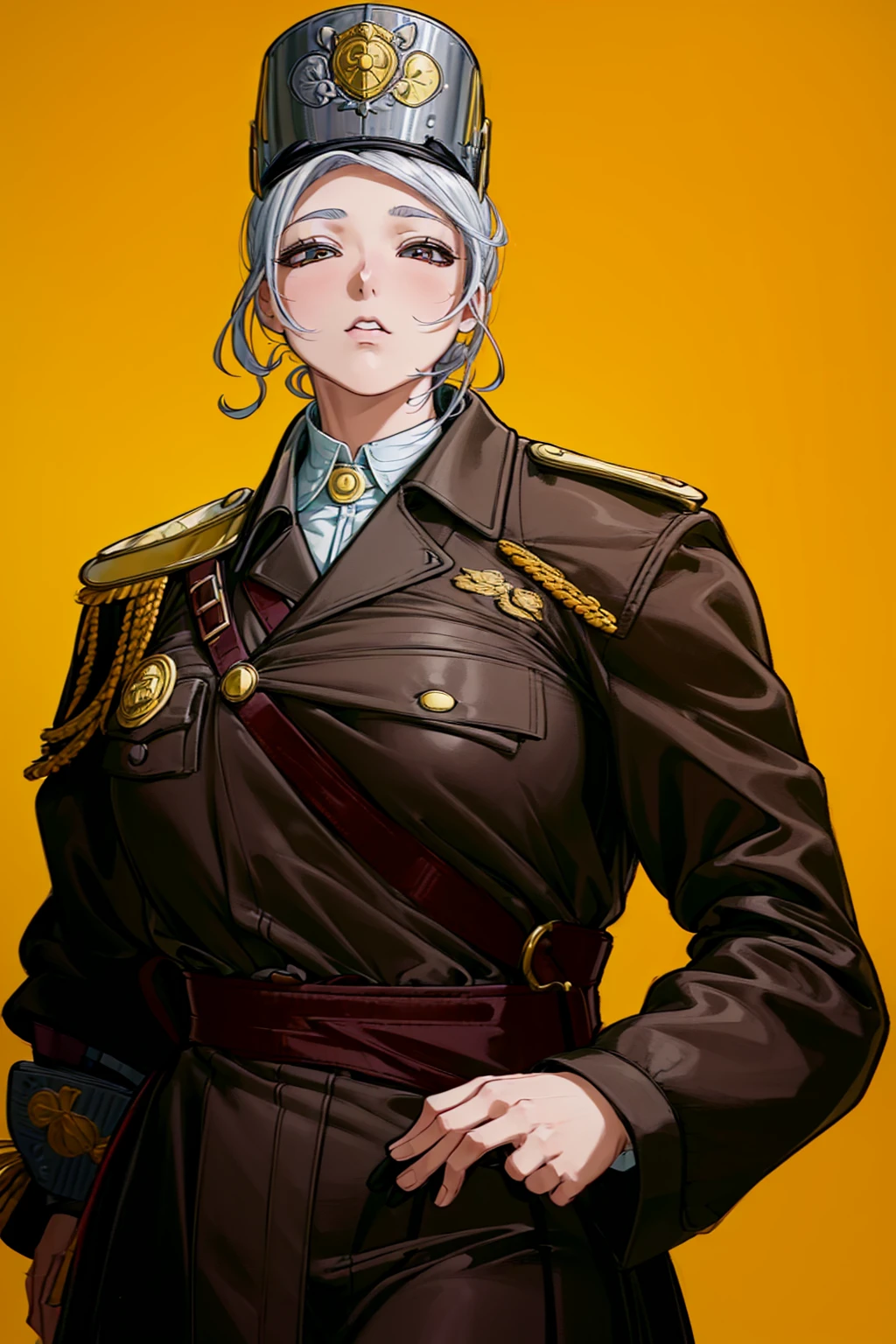 (1girl:1.3), (exceptional, best aesthetic, new, newest, best quality, anime, waifu:1.2), master piece, best quality, ultra detailed, absurdres, highres, colored, good anatomy, grey hair, woman breast, sexy, kaki color military uniform, kepi peak cap, insignia, medals, ribbons