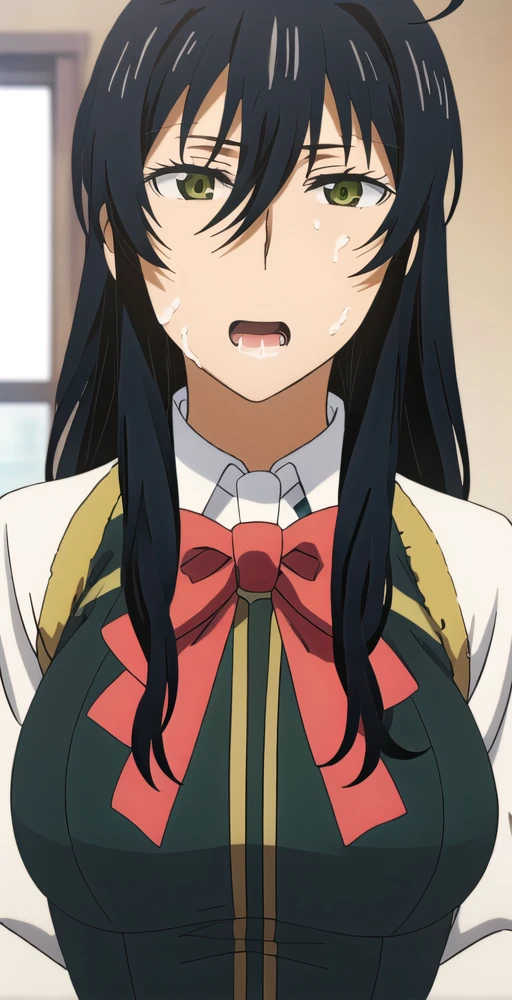 AK,1girl, solo, portrait, upper body, (big breasts), expressionless, long hair, ahoge, , bowtie, perfect quality, good quality, masterpiece, HDR, UHD ,very cum,Face on cum,breasts on cum,very cum,after fellatio, very happy expression, cum on face, close up, exposed breasts. Ahegao, drooling, bukkake, cum, excessive cum, cum on body