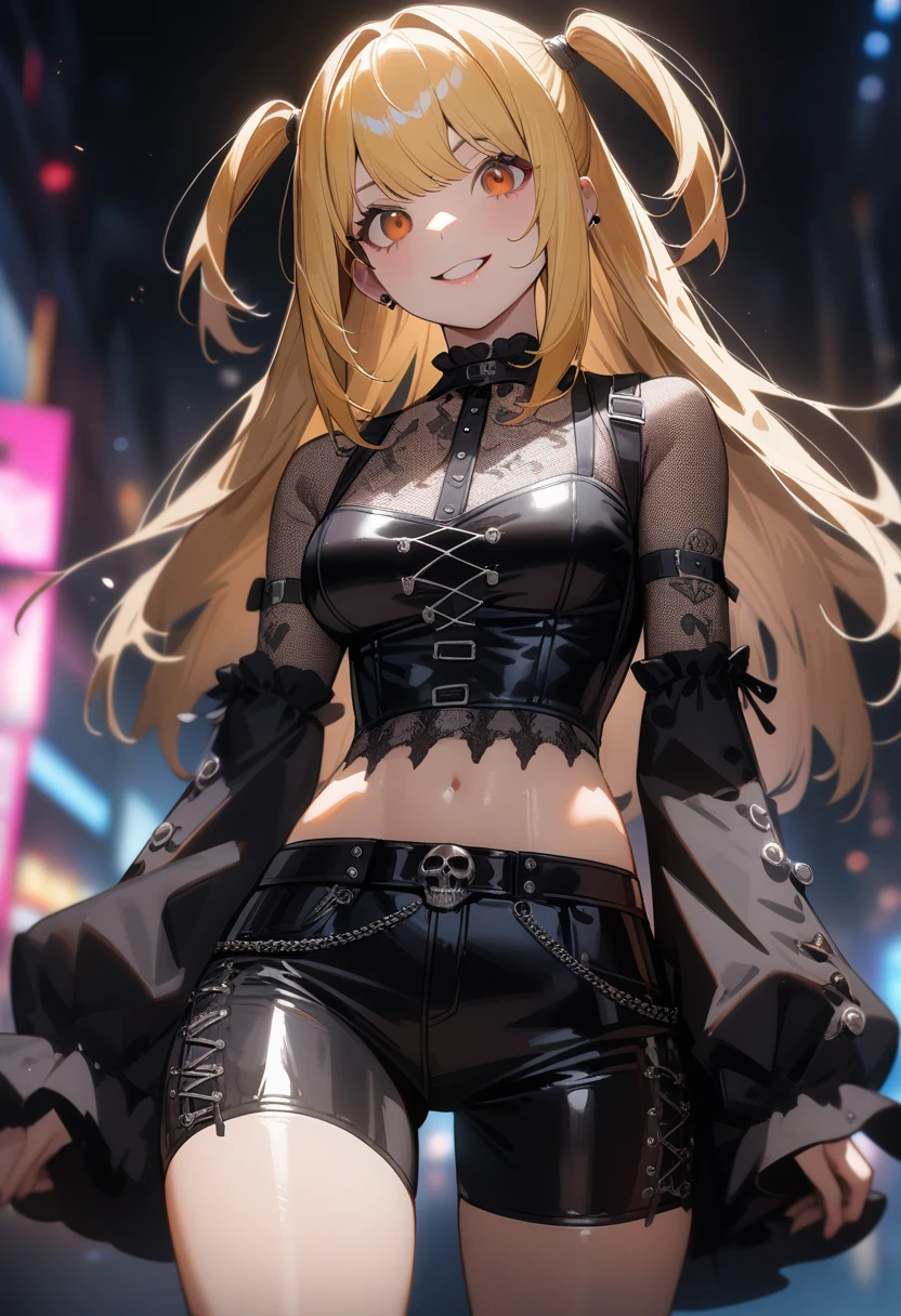 1girl,solo,amane misa, death note,super detailed skin,shiny skin,natural smile,blonde hair,sidelocks,short twintails,long hair,medium breasts,Punk Lolita,cyberpunk lolita,gothic short pants,2D,anime,masterpiece,best quality,ultra detailed,high resolution,sharp focus,depth of field,