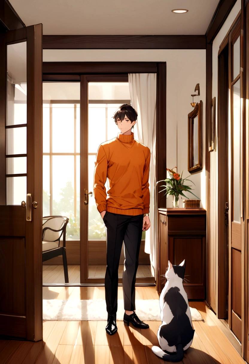 Cat orange fur wearing orange sweater black trousers,Standing at home