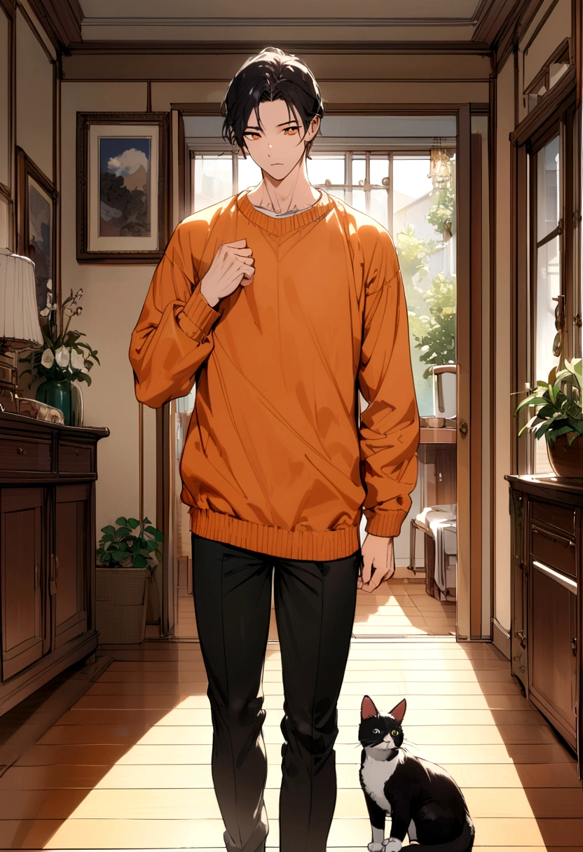 Cat orange fur wearing orange sweater black trousers,Standing at home
