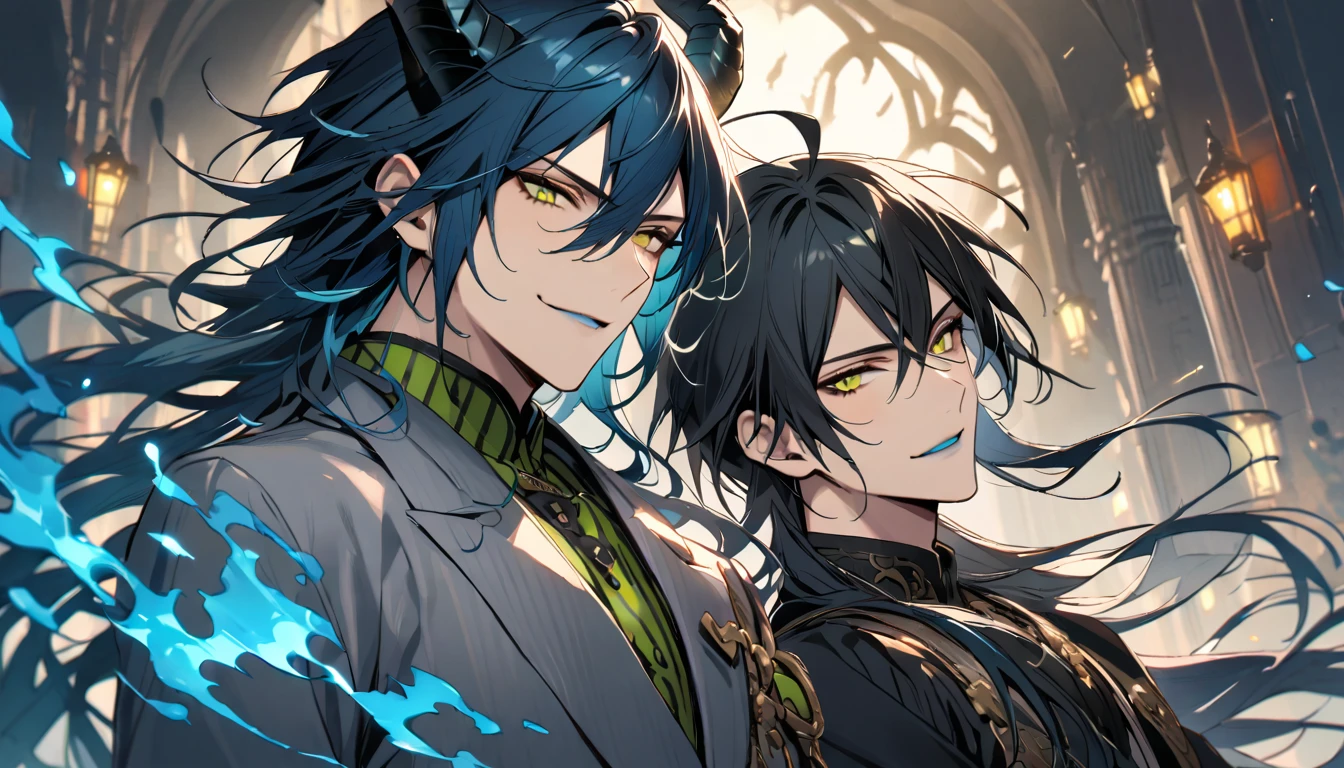 (pieces fly), (highest quality), very detailed, ((two men)), perfect face, beautiful face, very detailed face, (black haired man:1.3),(blue haired man:1.3),suit,shirt,smile,flower, (1st boy,Idia Shroud, bishounen, boy, male, extremely long hair, blue hair, blue fire hair, wavy hair, yellow eyes, tired expression, blue lips, handsome, skinny, geeky, blue glow, shark teeth,) (2nd boy, malleus draconia \(twisted wonderland\) horns, bishounen, boy, male, long hair, black hair, yellow green eyes, smile, gray lips, handsome, skinny, tall, yellow green glow,) Two men are hugging each,