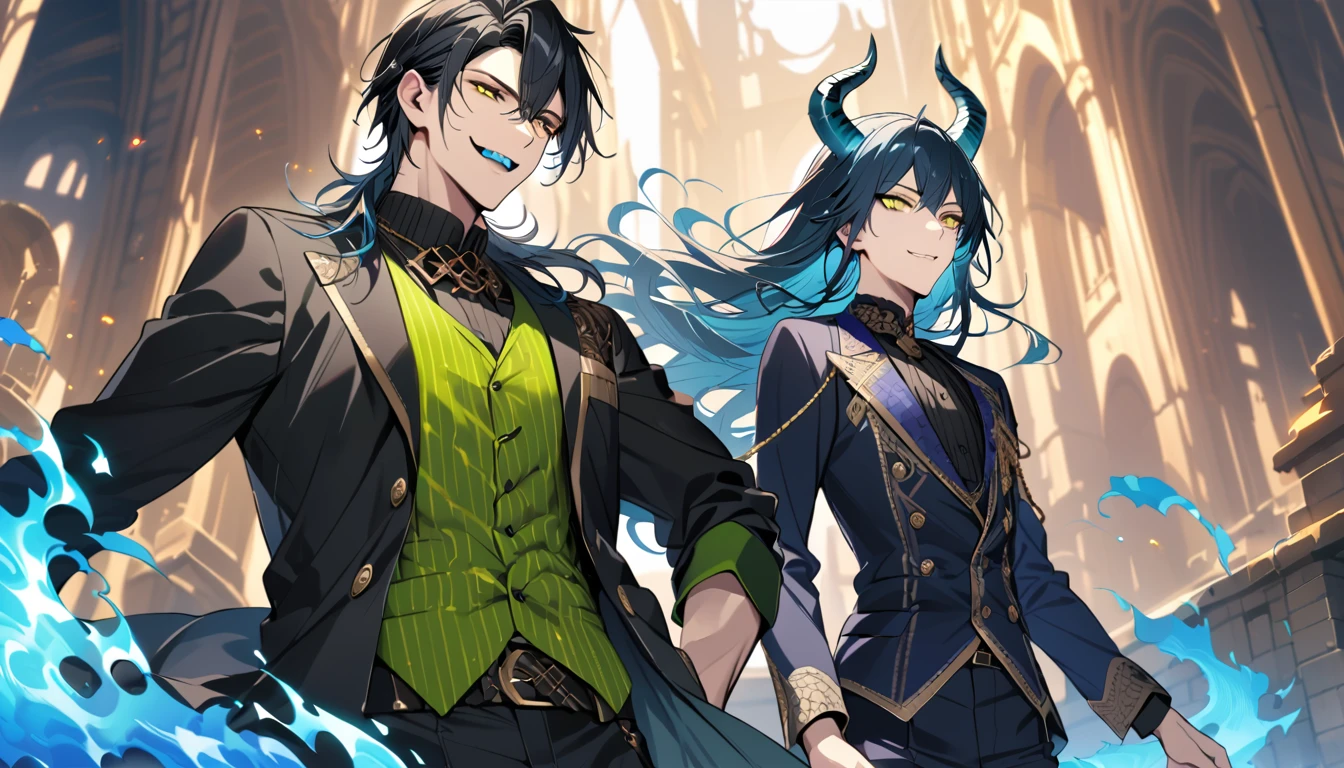 (pieces fly), (highest quality), very detailed, ((two men)), perfect face, beautiful face, very detailed face, (black haired man:1.3),(blue haired man:1.3),suit,shirt,smile,flower, (1st boy,Idia Shroud, bishounen, boy, male, extremely long hair, blue hair, blue fire hair, wavy hair, yellow eyes, tired expression, blue lips, handsome, skinny, geeky, blue glow, shark teeth,) (2nd boy, malleus draconia \(twisted wonderland\) horns, bishounen, boy, male, long hair, black hair, yellow green eyes, smile, gray lips, handsome, skinny, tall, yellow green glow,) Two men are hugging each,