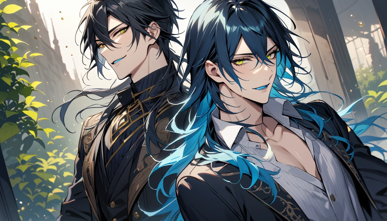 (pieces fly), (highest quality), very detailed, ((two men)), perfect face, beautiful face, very detailed face, (black haired man:1.3),(blue haired man:1.3),suit,shirt,smile,flower, (1st boy,Idia Shroud, bishounen, boy, male, extremely long hair, blue hair, blue fire hair, wavy hair, yellow eyes, tired expression, blue lips, handsome, skinny, geeky, blue glow, shark teeth,) (2nd boy, malleus draconia \(twisted wonderland\) horns, bishounen, boy, male, long hair, black hair, yellow green eyes, smile, gray lips, handsome, skinny, tall, yellow green glow,) Two men are hugging each,