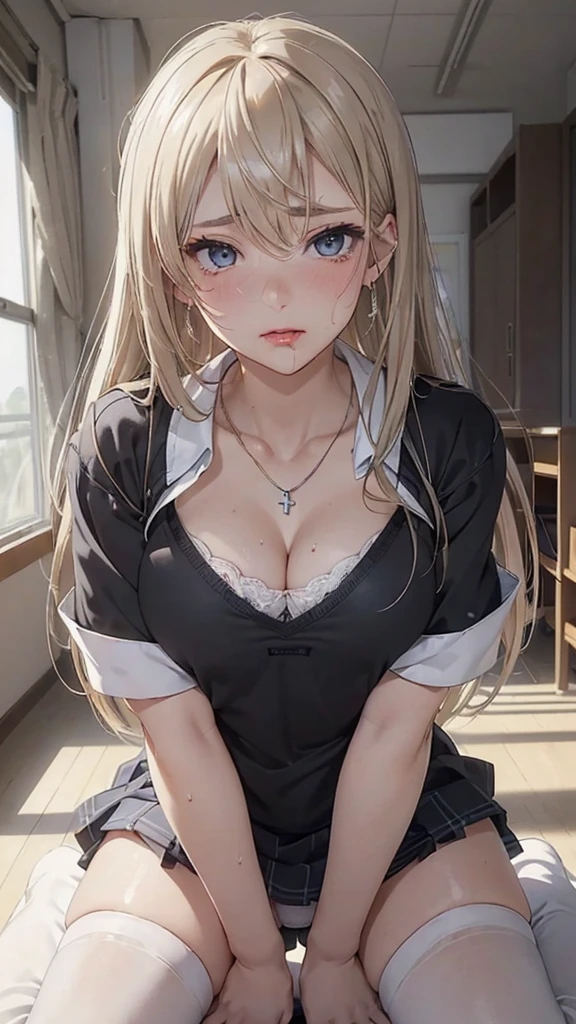 (masterpiece: 1.3), (Maximum resolution: 1.2), (Ultra High Definition TV: 1.2), Cinematic Light, 8K resolution, Detailed facial features , (Sharp focus: 1.2), (Focus on the face:1.2),Perfect Style, Beautiful Face, Acura, Anatomically correct, Highly detailed face and skin texture, Beautiful Eyes,Beautiful Eyes, Thin eyebrows, Glitter Eyeliner: 1 Natural Cheeks, Glowing Skin, Fair skin: 1.2, (Glossy Lips: 1.4),、 (Embarrassed look: 1.2),Highly detailed face and skin texture, Natural Cheeks, , Glossy Lips: 1.4,Perfect Style、Cleavage、Soft Breasts、(White mucus on chest:1.4)(White mucus on thighs:1.2)、 blush、A humiliating look、Anxious expression、A look of humiliation、Embarrassed look、Glare、anger、sorrow、tears、Open your knees、Spread your legs、 White underwear、Sparkly little earrings and necklace、Disheveled clothes、White panties、sweating、Thin underwear、stockings、Year: 18-year-old, A clean-cut woman,1 person、 Upward-facing chest,blonde、Black brown hair、Blue-gray eyes、Greenish-gray eyes、night classroom、(High School Uniform:1.2)、masturbation behavior、Masturbation、Being pushed down、Surrounded by men、