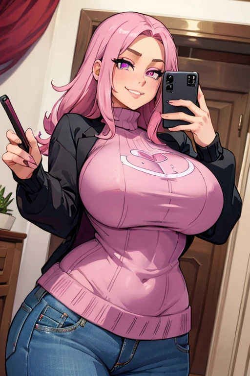 Perfect face, Perfect hands. A pink haired woman with violet eyes and an hourglass figure in a pink sweater and jeans is taking a selfie in a Gothic bedroom with a big smile
