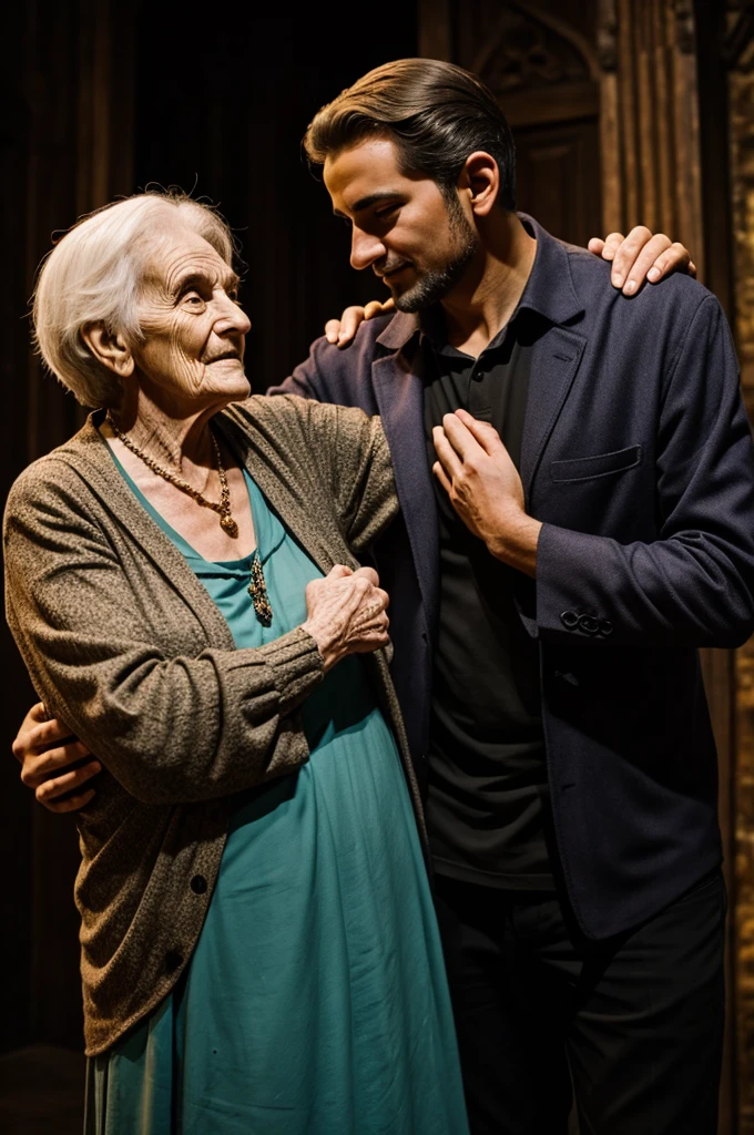 Outstretched arm of a young man touching the shoulder of a scary old woman