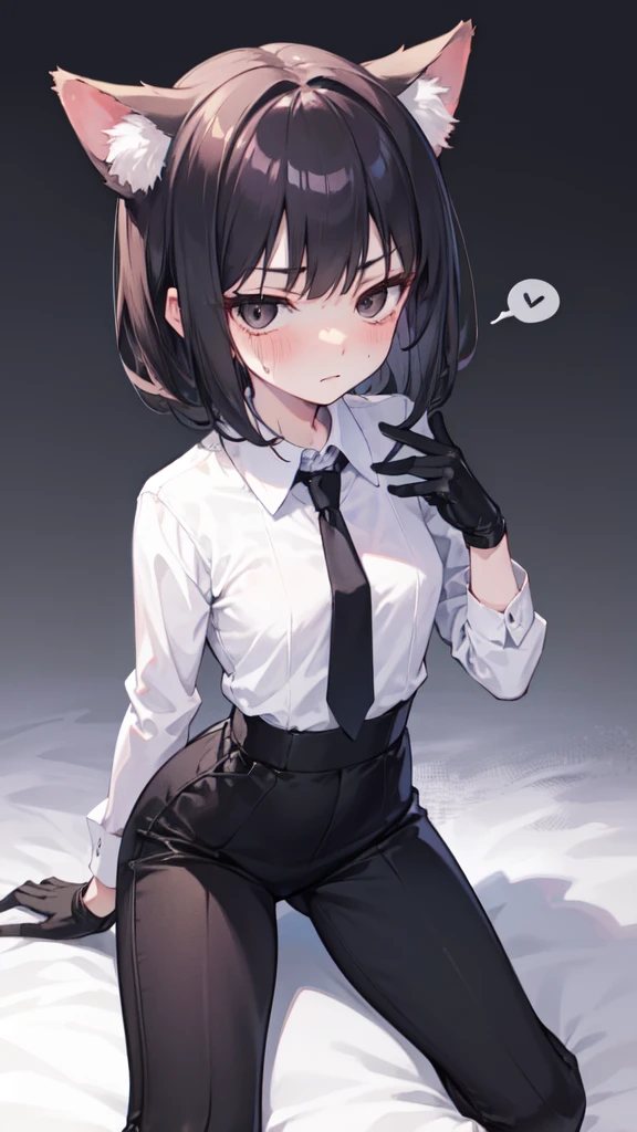 18-year-old boy, cute, Wear the maid outfit and a black work tie, Wear a maid hat, Wear cat ears, Wear black pants, Wear black booties, Wear white gloves, Black hair, Black eyes, blush, sweat，porn pose
