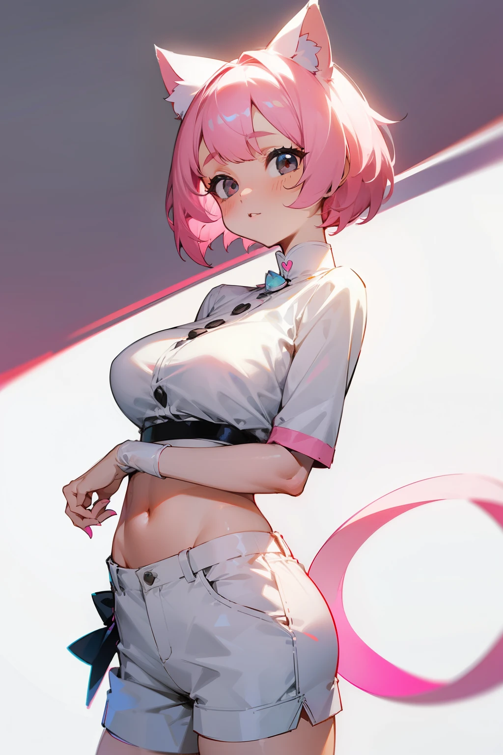 Cute girl, short white hair, white cat ears, white cat tail, black eyes, rosy cheeks, pink hair tie, big breasts, short pants