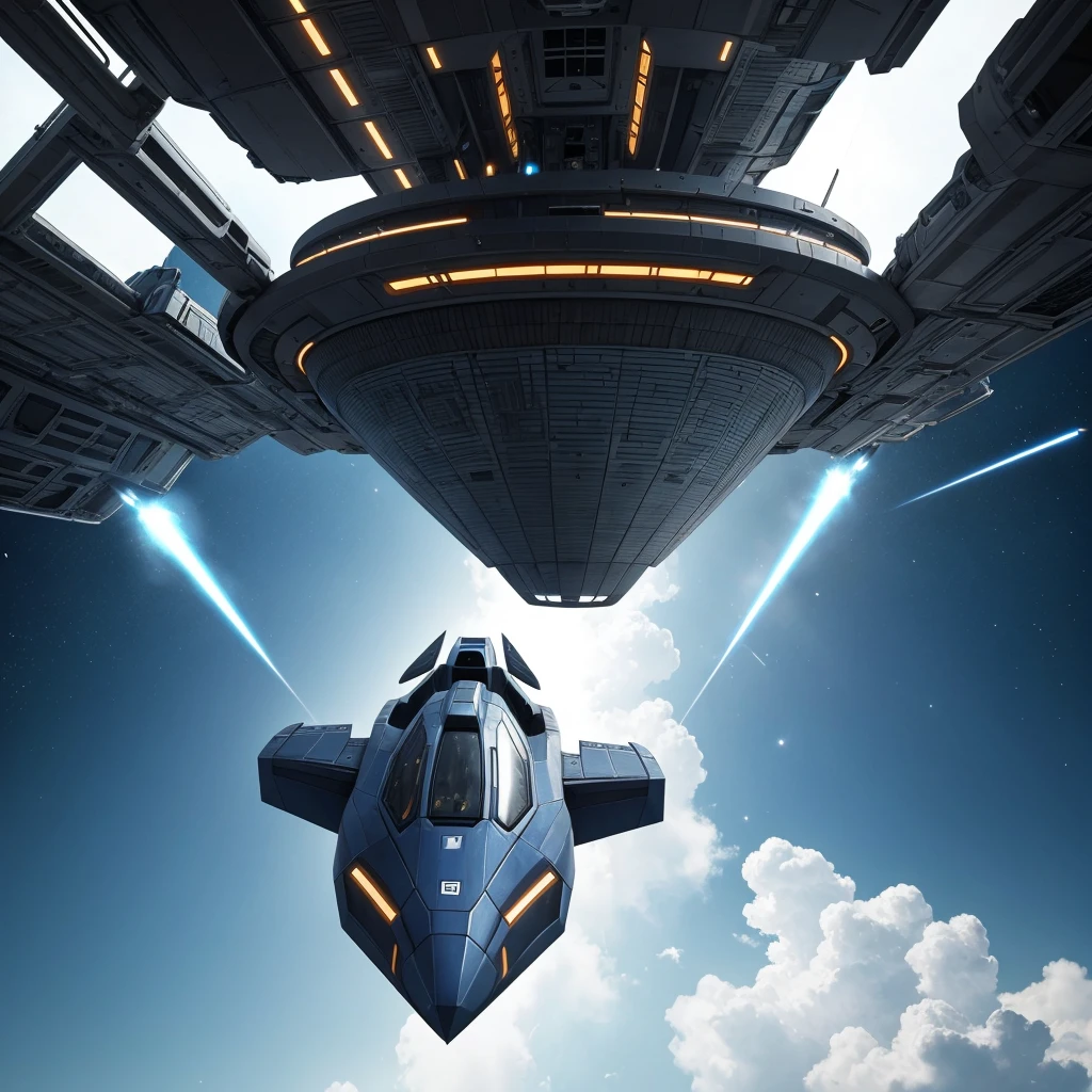 Generate an image of a spaceship suitable for a 2D space shooter game. The image should with a transparent background or a solid color background that can be easily replaced. The spaceship should have a simple, clean design with clear lines and no complex textures. The size should be appropriate for a game, ideally around 64x64 pixels, to fit well on a typical game screen. The ship should face upward to align with typical game movement dynamics. Ensure the image is freely licensed for commercial use and modifications.