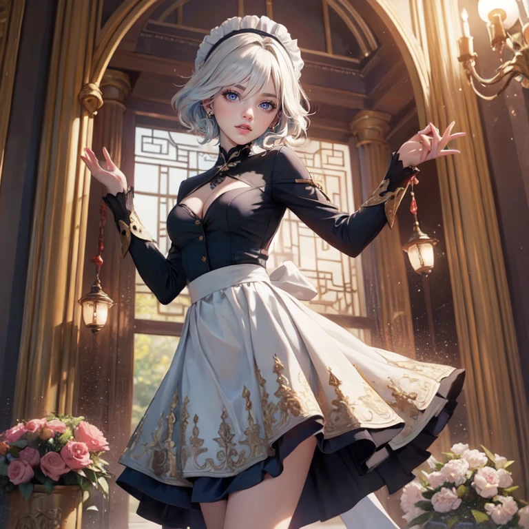 1girl, white roses, ornament hair, white roses on her hair, perfectly body, perfectly hands, white hair, blue hair, wave hair, short hair, ornament hair, long hair, garden scenery, shrine, chinese lantern, Looking at the viewer, fireworks, flowing hair, Beautiful Eyes, Plump and glossy lips, firefly in the air, maid, maid dress, maid headdress, maid apron, white dress with too many frills, black dress, blue laces, white Short skirt, Drape clothes, blue gem, Lace trim, chinese festival, festival with fireworks, outside, on the garden, gold jewelry, more details, best quality, night, Big sparkling eyes, blushing, white Striped Lace Stockings, blue Lolita skirt, sparkle, solo, centered girl, chinese temple, cowboy shot, perfectly body, perfectly hands, fireflies in the air, two arms, two legs, two hands, five fingers, perfect anatomy, glowing hair, white roses, maid, maid dress, dress, solo, flowing hair, floating hair, ornament hair, perfectly body, perfectly hands, on the temple, sparkles, more details on her clothes, white dress with transparency, golden details on her dress, night, shrine, ((4k, masterpiece, top-quality)), 8k, best quality, high resolution, UHD, (illustration:0.8), super cute girl, delicate and beautiful face, mature girl, super cute hairstyle, (beautiful detailed eyes:1.6), extremely detailed face, perfect lighting, extremely detailed CG, (perfect hands, perfect anatomy), Best quality, cleavage, small skirt, full Body, two arms, two legs, two hands, five fingers