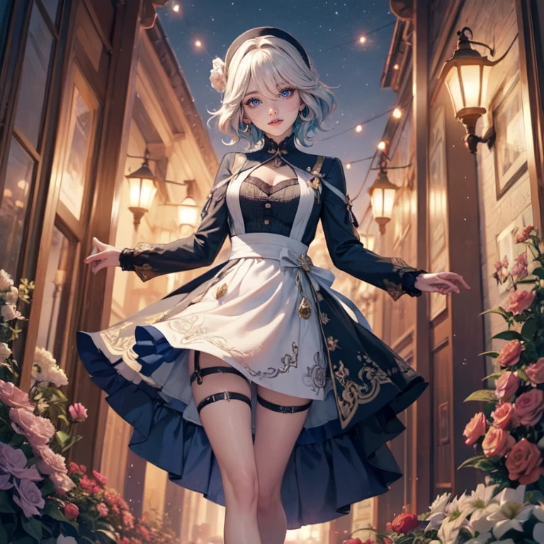 1girl, white roses, ornament hair, white roses on her hair, perfectly body, perfectly hands, white hair, blue hair, wave hair, short hair, ornament hair, long hair, garden scenery, shrine, chinese lantern, Looking at the viewer, fireworks, flowing hair, Beautiful Eyes, Plump and glossy lips, firefly in the air, maid, maid dress, maid headdress, maid apron, white dress with too many frills, black dress, blue laces, white Short skirt, Drape clothes, blue gem, Lace trim, chinese festival, festival with fireworks, outside, on the garden, gold jewelry, more details, best quality, night, Big sparkling eyes, blushing, white Striped Lace Stockings, blue Lolita skirt, sparkle, solo, centered girl, chinese temple, cowboy shot, perfectly body, perfectly hands, fireflies in the air, two arms, two legs, two hands, five fingers, perfect anatomy, glowing hair, white roses, maid, maid dress, dress, solo, flowing hair, floating hair, ornament hair, perfectly body, perfectly hands, on the temple, sparkles, more details on her clothes, white dress with transparency, golden details on her dress, night, shrine, ((4k, masterpiece, top-quality)), 8k, best quality, high resolution, UHD, (illustration:0.8), super cute girl, delicate and beautiful face, mature girl, super cute hairstyle, (beautiful detailed eyes:1.6), extremely detailed face, perfect lighting, extremely detailed CG, (perfect hands, perfect anatomy), Best quality, cleavage, small skirt, full Body, two arms, two legs, two hands, five fingers