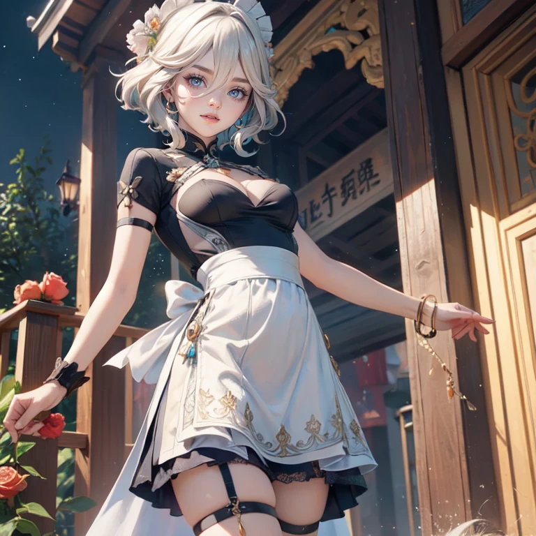 1girl, white roses, ornament hair, white roses on her hair, perfectly body, perfectly hands, white hair, blue hair, wave hair, short hair, ornament hair, long hair, garden scenery, shrine, chinese lantern, Looking at the viewer, fireworks, flowing hair, Beautiful Eyes, Plump and glossy lips, firefly in the air, maid, maid dress, maid headdress, maid apron, white dress with too many frills, black dress, blue laces, white Short skirt, Drape clothes, blue gem, Lace trim, chinese festival, festival with fireworks, outside, on the garden, gold jewelry, more details, best quality, night, Big sparkling eyes, blushing, white Striped Lace Stockings, blue Lolita skirt, sparkle, solo, centered girl, chinese temple, cowboy shot, perfectly body, perfectly hands, fireflies in the air, two arms, two legs, two hands, five fingers, perfect anatomy, glowing hair, white roses, maid, maid dress, dress, solo, flowing hair, floating hair, ornament hair, perfectly body, perfectly hands, on the temple, sparkles, more details on her clothes, white dress with transparency, golden details on her dress, night, shrine, ((4k, masterpiece, top-quality)), 8k, best quality, high resolution, UHD, (illustration:0.8), super cute girl, delicate and beautiful face, mature girl, super cute hairstyle, (beautiful detailed eyes:1.6), extremely detailed face, perfect lighting, extremely detailed CG, (perfect hands, perfect anatomy), Best quality, cleavage, small skirt, full Body, two arms, two legs, two hands, five fingers