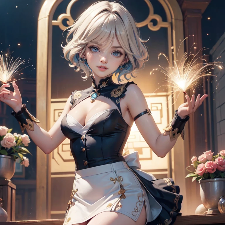 1girl, white roses, ornament hair, white roses on her hair, perfectly body, perfectly hands, white hair, blue hair, wave hair, short hair, ornament hair, long hair, garden scenery, shrine, chinese lantern, Looking at the viewer, fireworks, flowing hair, Beautiful Eyes, Plump and glossy lips, firefly in the air, maid, maid dress, maid headdress, maid apron, white dress with too many frills, black dress, blue laces, white Short skirt, Drape clothes, blue gem, Lace trim, chinese festival, festival with fireworks, outside, on the garden, gold jewelry, more details, best quality, night, Big sparkling eyes, blushing, white Striped Lace Stockings, blue ta skirt, sparkle, solo, centered girl, chinese temple, cowboy shot, perfectly body, perfectly hands, fireflies in the air, two arms, two legs, two hands, five fingers, perfect anatomy, glowing hair, white roses, maid, maid dress, dress, solo, flowing hair, floating hair, ornament hair, perfectly body, perfectly hands, on the temple, sparkles, more details on her clothes, white dress with transparency, golden details on her dress, night, shrine, ((4k, masterpiece, top-quality)), 8k, best quality, high resolution, UHD, (illustration:0.8), super cute girl, delicate and beautiful face, mature girl, super cute hairstyle, (beautiful detailed eyes:1.6), extremely detailed face, perfect lighting, extremely detailed CG, (perfect hands, perfect anatomy), Best quality, cleavage, small skirt, full Body, two arms, two legs, two hands, five fingers