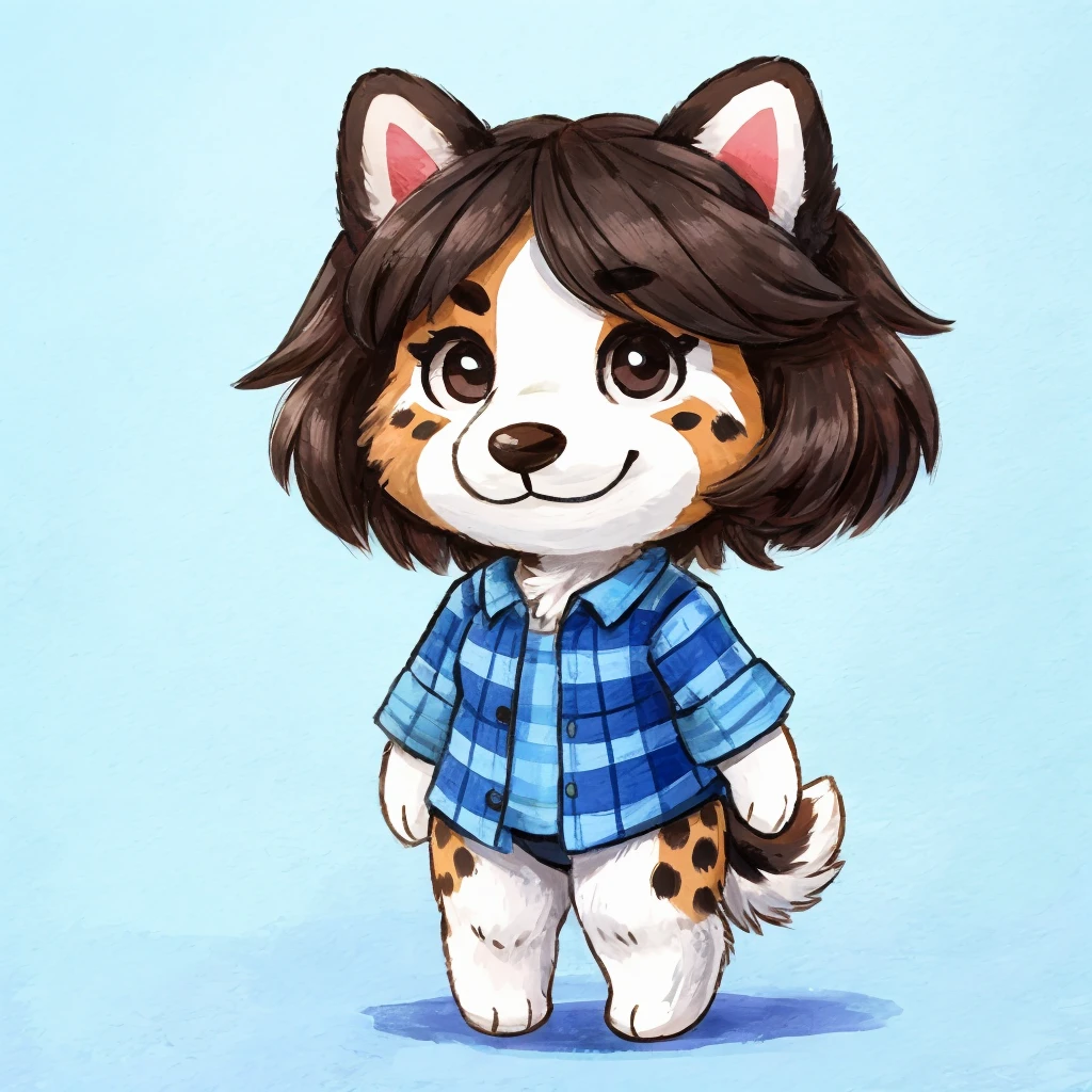 a cute, anthropomorphic black spots and white colored fur, female lapinkoira dog, she has dark hair, she's dressed with a blue lumberjack shirt, closed smile, animal crossing style, high quality furry art.