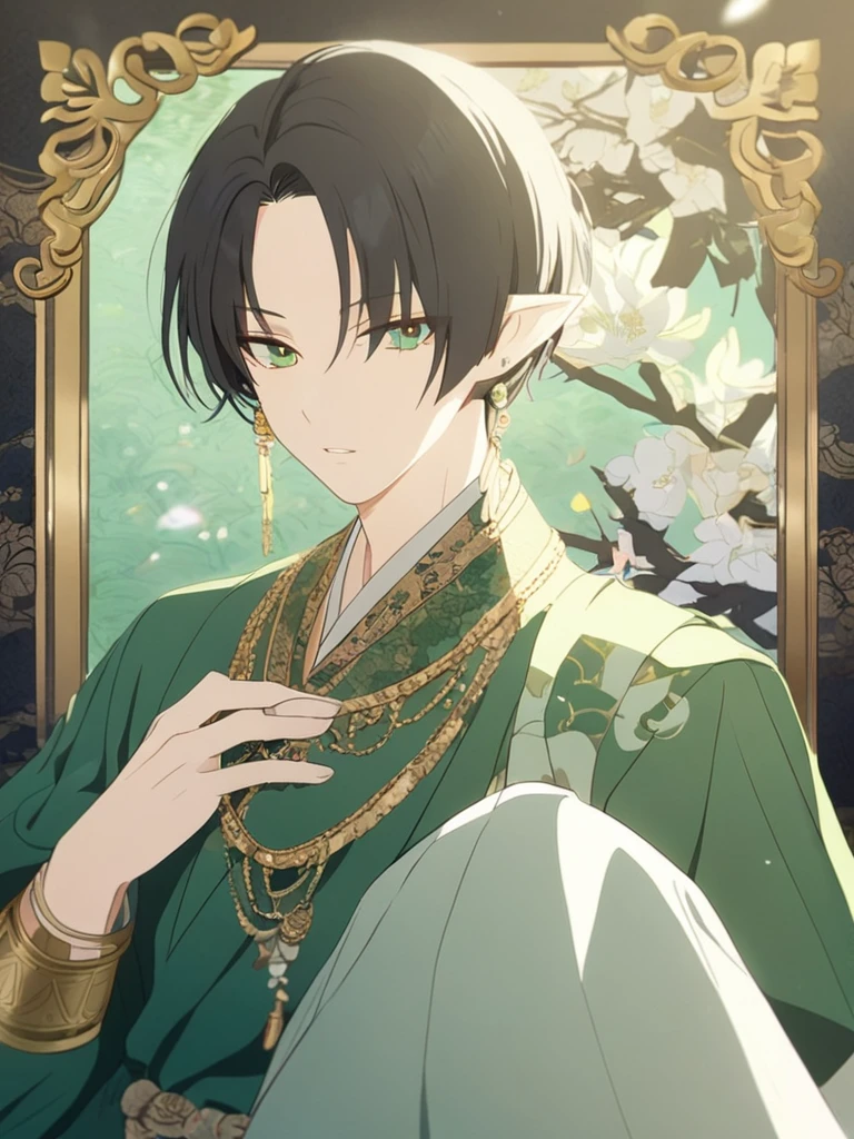 1man, royal, elven,  grey black hair, bangs hair, shortest hairstyle, green sea eyes, elegant, traditional thai costume,