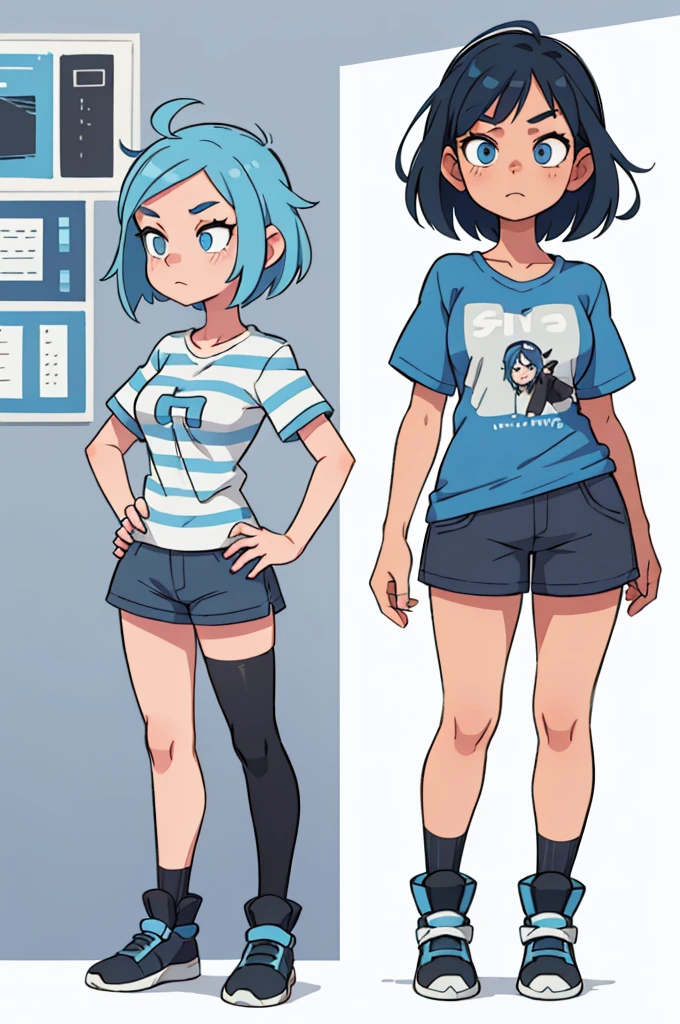 young woman,with blue hair,oversized T-shirts gray with blue stripes,in gray shorts,in black stockings,with blue eyes,standing pose, character sheet, different angles