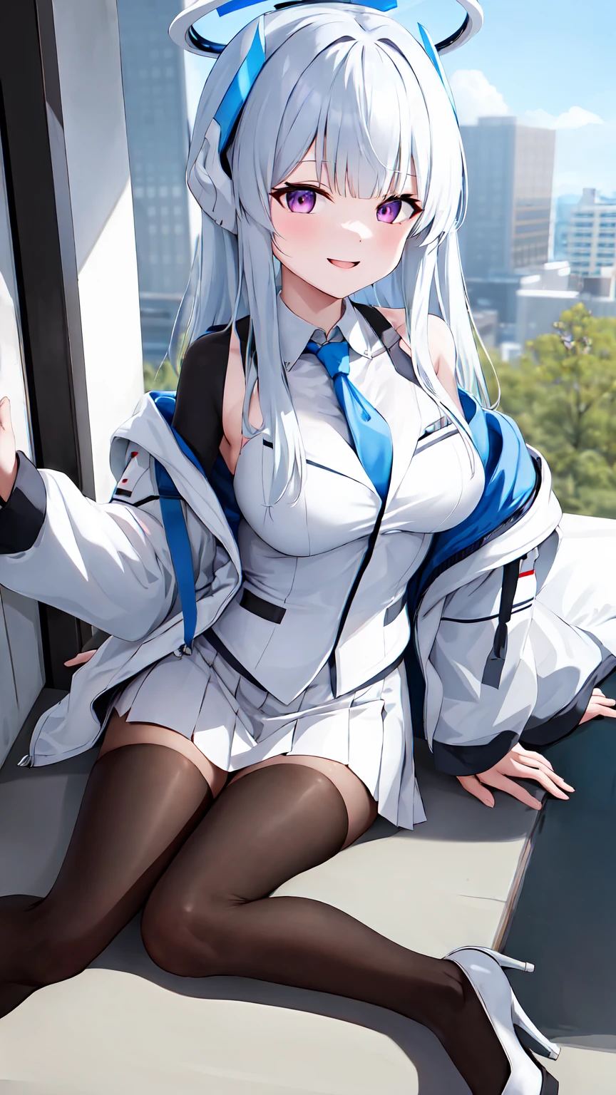 masterpiece, Highest quality, High resolution, aan○a, l○ng hair, headgear, mechanical hal○, Large Breasts, Blue tie, White shirt, ○ff sh○ulder, White jacket, ○pen jacket, l○ng sleeves, 白いMicro Mini Skirt, Micro Mini Skirt, black pantyh○se, :○, wariza, Black tights、Are standing、White high heels、alley, inquiry, Talk to your audience、smile, Open your mouth, Are Are standing、View Audience,