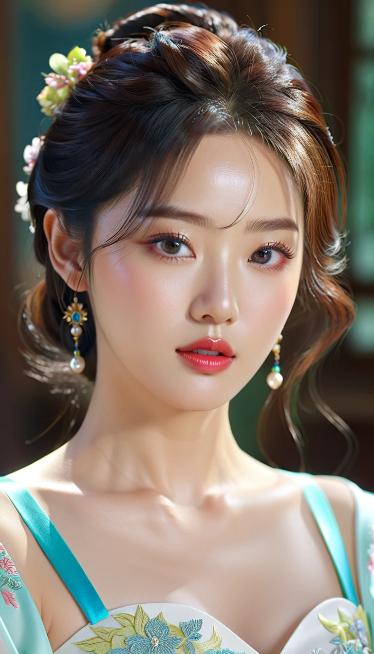 a beautiful korean idol, detailed realistic portrait, flawless skin, mesmerizing eyes, lush lips, elegant hairstyle, gorgeous facial features, natural lighting, photorealistic, cinematic composition, vibrant colors, sharp details, 8k, high resolution, masterpiece, award-winning digital art