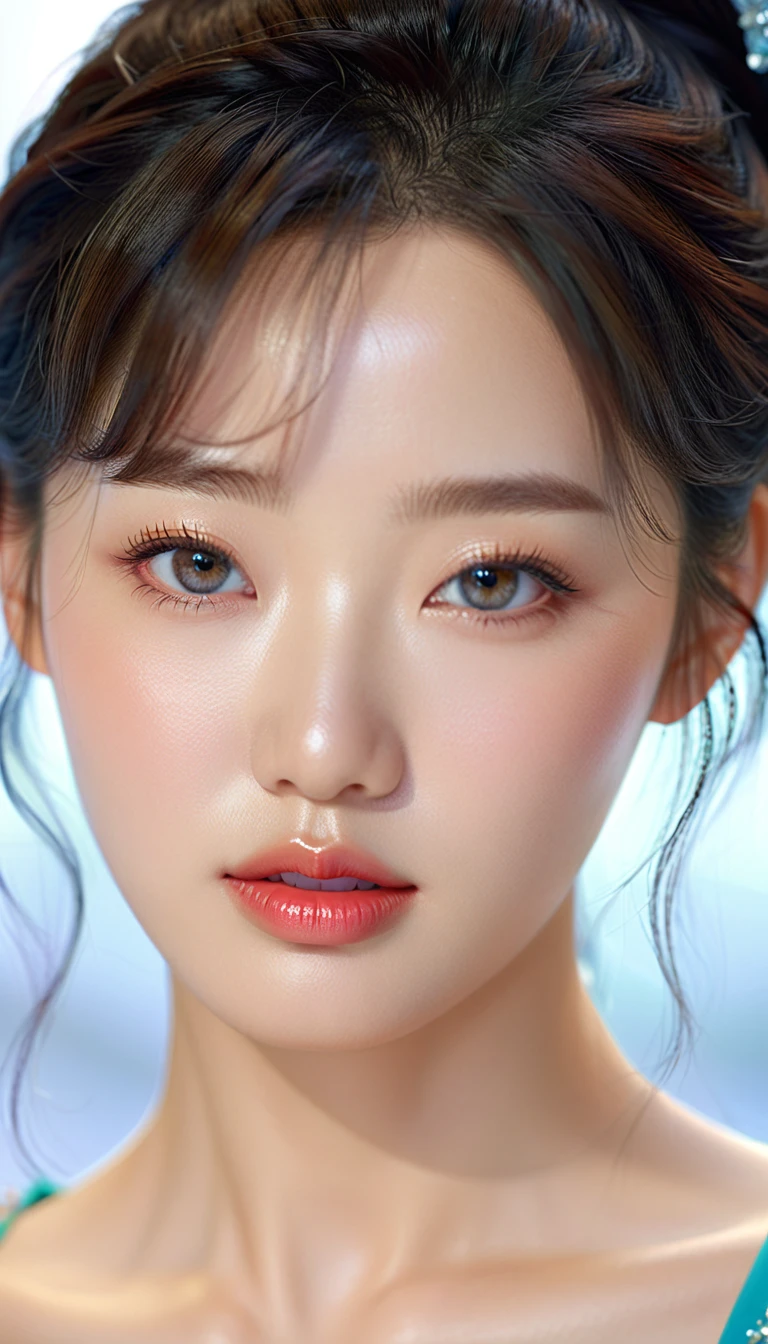 a beautiful korean idol, detailed realistic portrait, flawless skin, mesmerizing eyes, lush lips, elegant hairstyle, gorgeous facial features, natural lighting, photorealistic, cinematic composition, vibrant colors, sharp details, 8k, high resolution, masterpiece, award-winning digital art