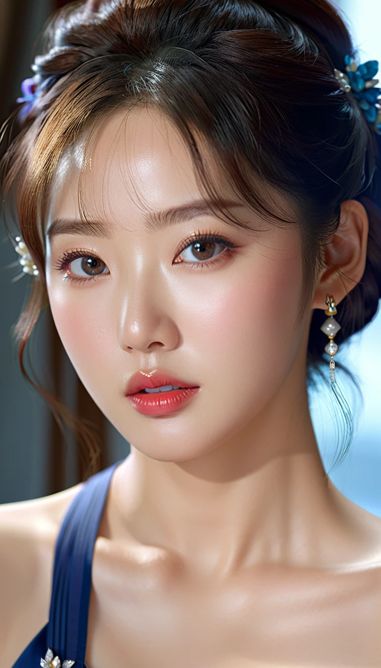 a beautiful korean idol, detailed realistic portrait, flawless skin, mesmerizing eyes, lush lips, elegant hairstyle, gorgeous facial features, natural lighting, photorealistic, cinematic composition, vibrant colors, sharp details, 8k, high resolution, masterpiece, award-winning digital art