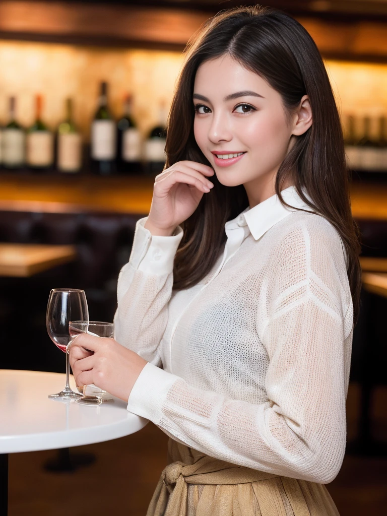 ((Highest quality、8K、masterpiece:1.3))、1 male、1 female、Couple、spouse、Couple、The body is slim、((Bob Hale、Straight hair:1.2)), (Realistic, Intricate details:1.2), テーブルの上のwine glass、Shine light on your face、 Amazing view of the sunset sky and clouds、Amazing mountain views、A bright smile、The wonderfulness of smile、Bright image、The beauty of wine, Beautiful Face, blue eyes, The light shines on your face, Blushing, short hair,Bright Face、 (Age 37), 39 years old, red wine 、Appetizers、Italian food、Wine bottle、Champagne、sparkling wine、Two beauties、Brown Hair、Shortcuts、Long sleeve shirt、dress、Beautiful woman 1, (slimな顔), (The body is slim), (Brown Hair), (Shortcuts), cheeks turn a little red,Attractive beauty、restaurant, In a prominent place (From the waist up) Nova Frog Style, actress, model, Upper Body, White wine, slim, wine glass, 中央に置かれたwine glass, smile, (smile: 1.15), Beautiful fine grain, Depth f/2,saturation, High Contrast, Strong light and shadow,Moist Body:1.5、3D texture、Delicate eyes、Brown Hair、The hair is very shiny、