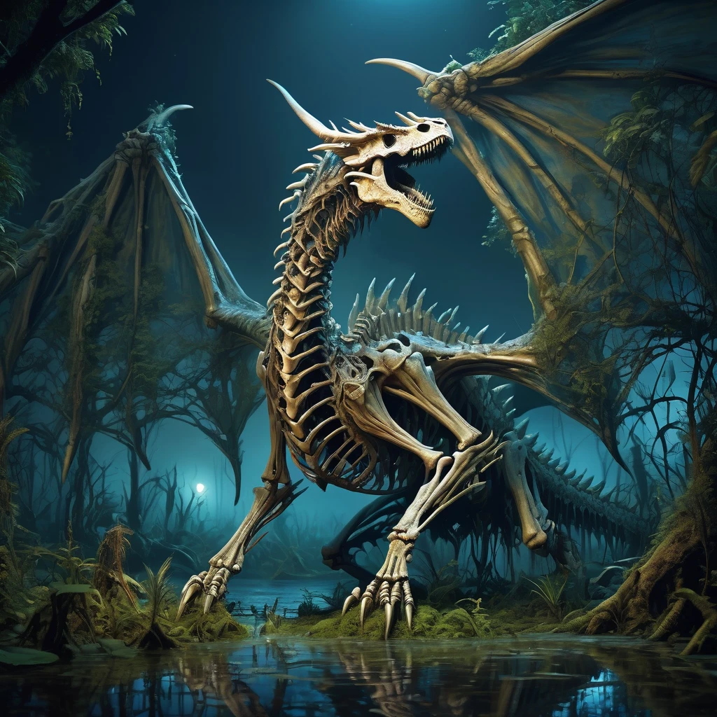 bone dragon in a swamp at night
(masterpiece),  best quality, highres, 4k, 8k, Detailed Illustration, intricate detail, cinematic lighting, amazing quality, 1girl, fit female, amazing shading, soft lighting, facing camera, perfect eyes