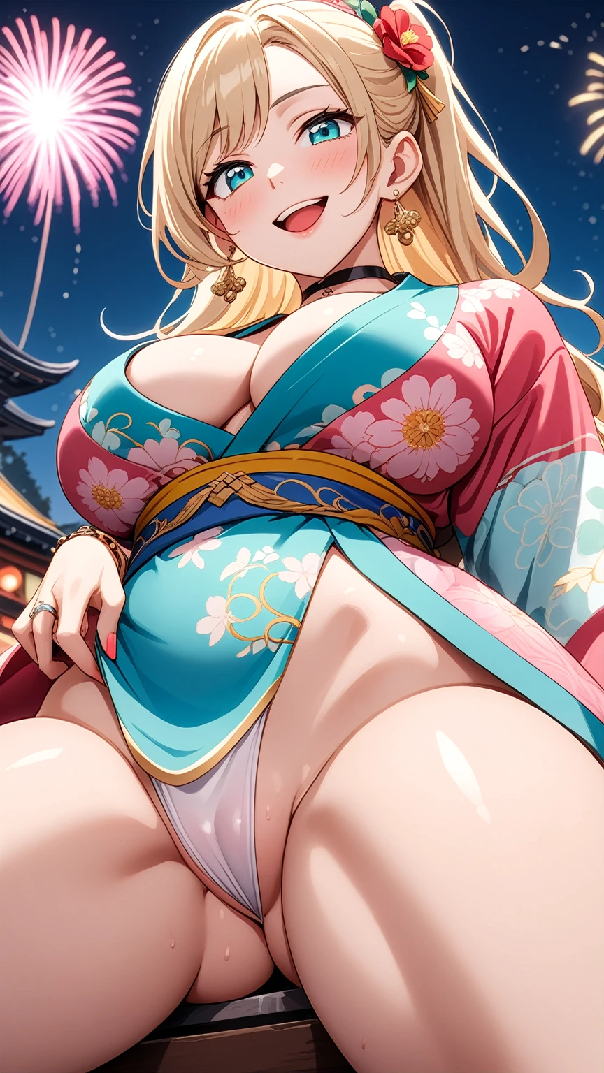 ((One personの女性)), Beautiful Face,(Laughing embarrassedly), (naughty face:1.2), ((Wink:1.9)), (head tilt:1.3), Laughing with your mouth open, upper teeth, ((full-face blush:1.1)),Glossy pink lips,sit, ((spread legs:1.1)), ((showing white thong)), ((female masturbation:1.6)), ((love juice:1.4)), ((thigh focus)), looking down at viewer, Shining Face, night, Observatory, Festival decorations, firework, ((Anime style background)),masterpiece, Highest quality, so beautiful,up to date, Complex details, (Pink long nails),(ring),(bracelet),(choker),AI-generated, Complex,High resolution, Highest quality, super high quality,3D Images、3D Images,One person,Long blonde hair,ponytail, wavy hair ,Anime woman posing for a photo, ((Fine grain、Turquoise Eyes、Shining Eyes:1.3)), (Squint your eyes:1.1),a hyperRealistic , hyperRealistic , Realistic,Anime woman with long white hair, Smooth anime CG art, A woman in a colorful kimono with gold embroidery, (Pink long sleeve kimono),Red floral pattern,Long flower hair ornament,Earrings,Mature Body,(Big Breasts:1.1),Tall,Abdominal muscles,Tight waist,(Zoom up to face:1.1), ((from the side and slightly from below)),