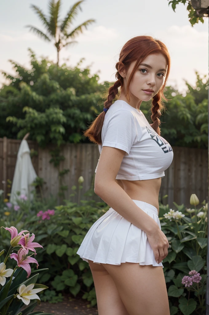1 girl with red hair in a pigtail, facing the front of the screen, hair with many flowers, white skin, big breasts, big butt, purple short skirt and t-shirt, with angel wings, background Lily garden, standing and posing