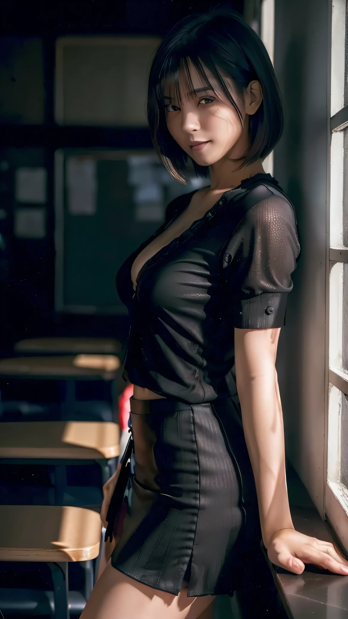 Ultra-detailed, master piece, (best quality:1.5), (high resolution:1.5), (beautiful eyes1.5), , , Short-Sleeved Chestless Y-Shirt, Tie, Miniskirt, Great Face and Eyes, Dark Hair, Bob Cut, Shiny Hair, Seductive Smile, Japanese Beauty, Professional Photography, Film Lighting, (Dark Moody Lighting:1.5), Striking, Flawless Skin, (Moody Ambiance:1.5), (Erotic:1.5), (Sexy:1.5), (Evening:1.5), Empty school classroom, Looking at camera, (Side angle:1.5) 16k