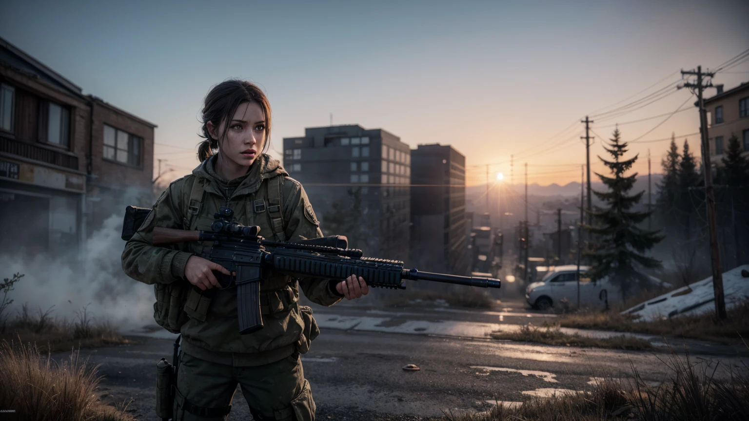 create an image of the game dayz and a character holding a sniper rifle and vivid, strong colors in high definition 8k cinema
