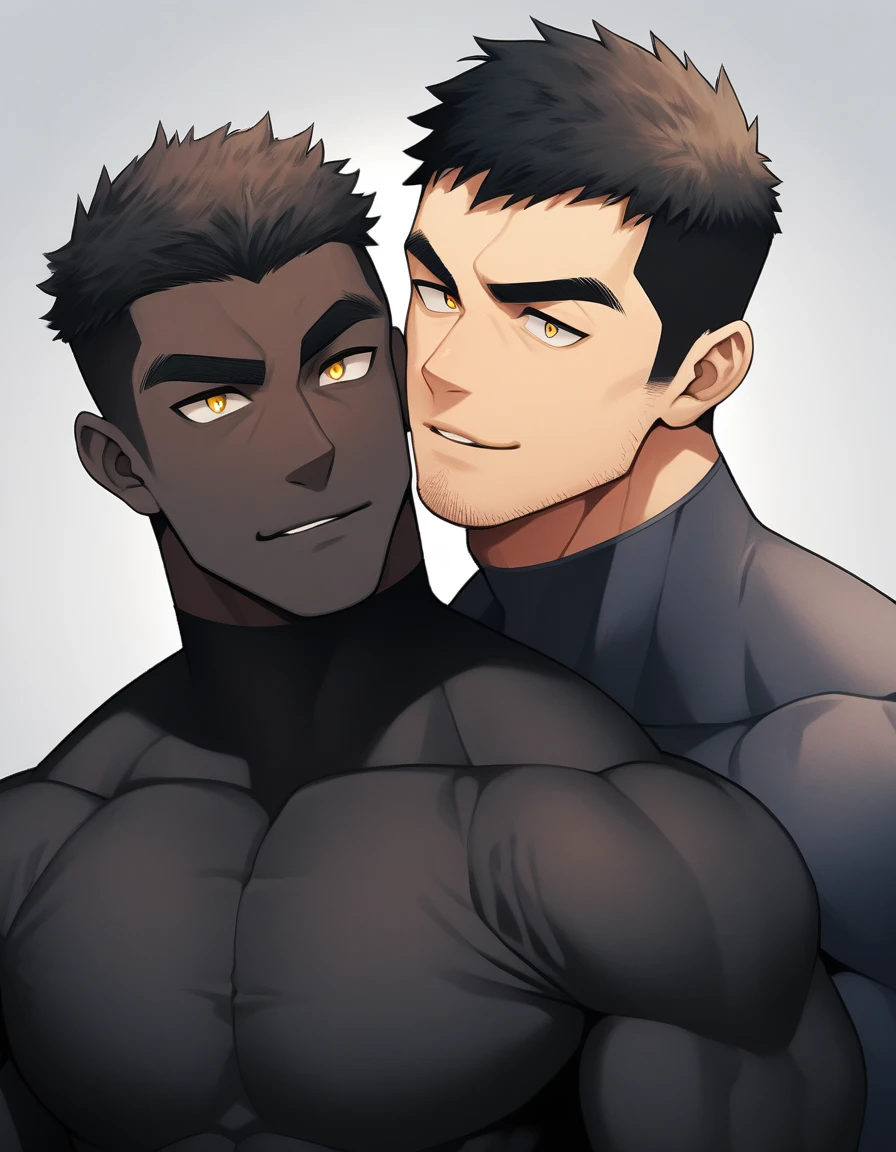 anime characters:Two superheroes in tights, Muscle superhero, negro black skin, They hugged and kissed each other, Bite your neck, Caress, Manliness, male focus, Yellow and black high collar long sleeve tight T-shirt, Slightly transparent material, Matte texture, Matte texture highlights, Very tight, Round, full and perky chest muscles, Muscle waist, Slightly transparent, muscular male, muscular, only, Upper body, alone, Black short hair, Thick eyebrows, stubble, Yellow eyes, Grey background, simple background, amazing quality, best aesthetics, Ridiculous, bright pupils, crew cut, parted lips, seductive smile, torogao, naughty face, drop shadow, best quality