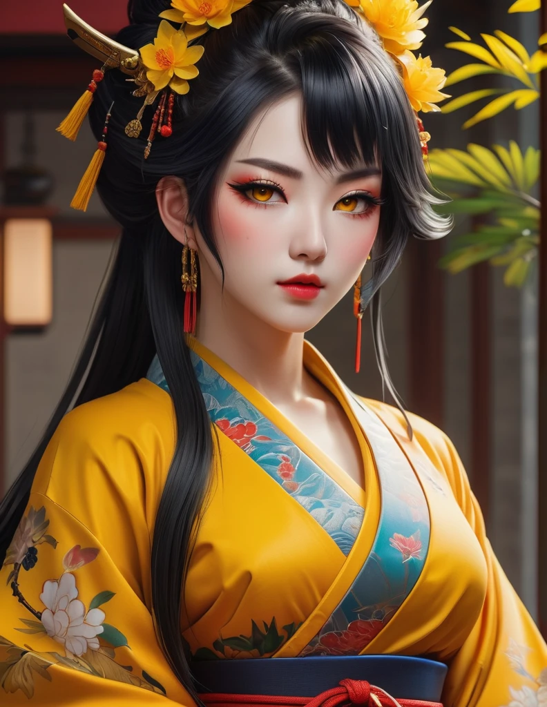 quality(8k wallpaper of extremely detailed CG unit, ​masterpiece, hight resolution, top-quality, top-quality real texture skin,hyper realisitic, digitial painting,increase the resolution,RAW photos，best qualtiy,highly detailed,the wallpaper),BREAK,8K, onmyoji-style art, full face,   , yellow dress, yellow eyes, tattoos, 