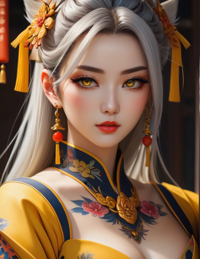 quality(8k wallpaper of extremely detailed CG unit, ​masterpiece, hight resolution, top-quality, top-quality real texture skin,hyper realisitic, digitial painting,increase the resolution,RAW photos，best qualtiy,highly detailed,the wallpaper),BREAK,8K, onmyoji-style art, full face,   , yellow dress, yellow eyes, tattoos, 