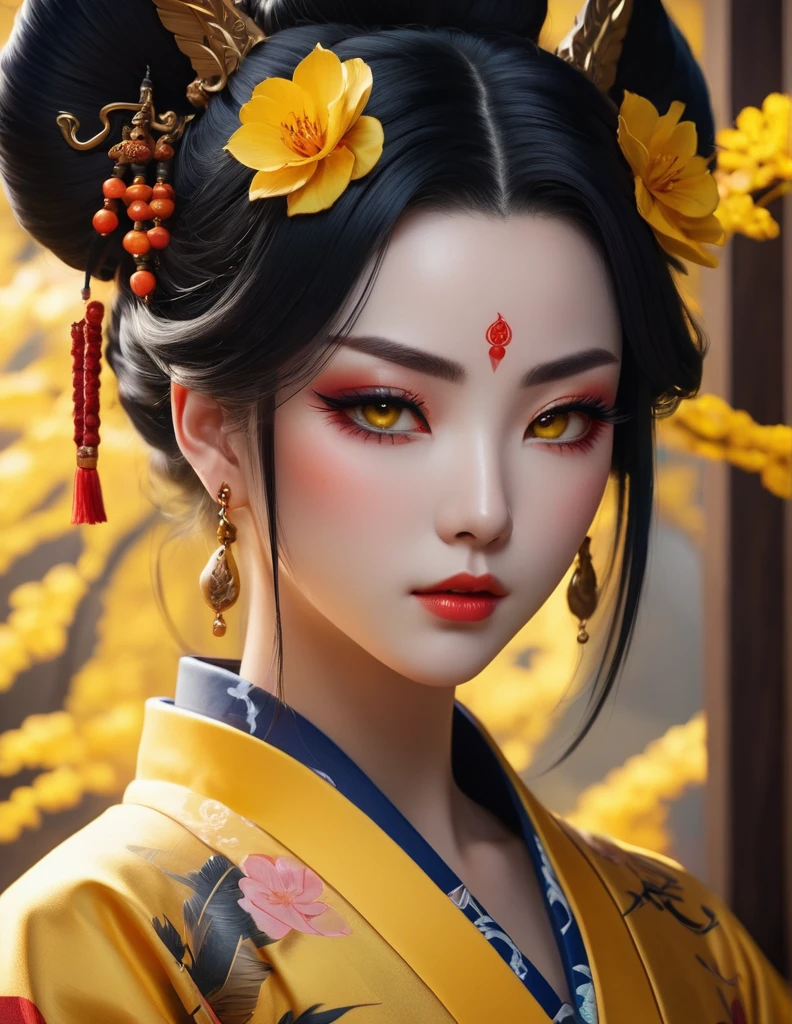 quality(8k wallpaper of extremely detailed CG unit, masterpiece, hight resolution, top-quality, top-quality real texture skin,hyper realisitic, digitial painting,increase the resolution,RAW photos,best qualtiy,highly detailed,the wallpaper),BREAK,8K, onmyoji-style art, full face, , yellow dress, yellow eyes, tattoos,